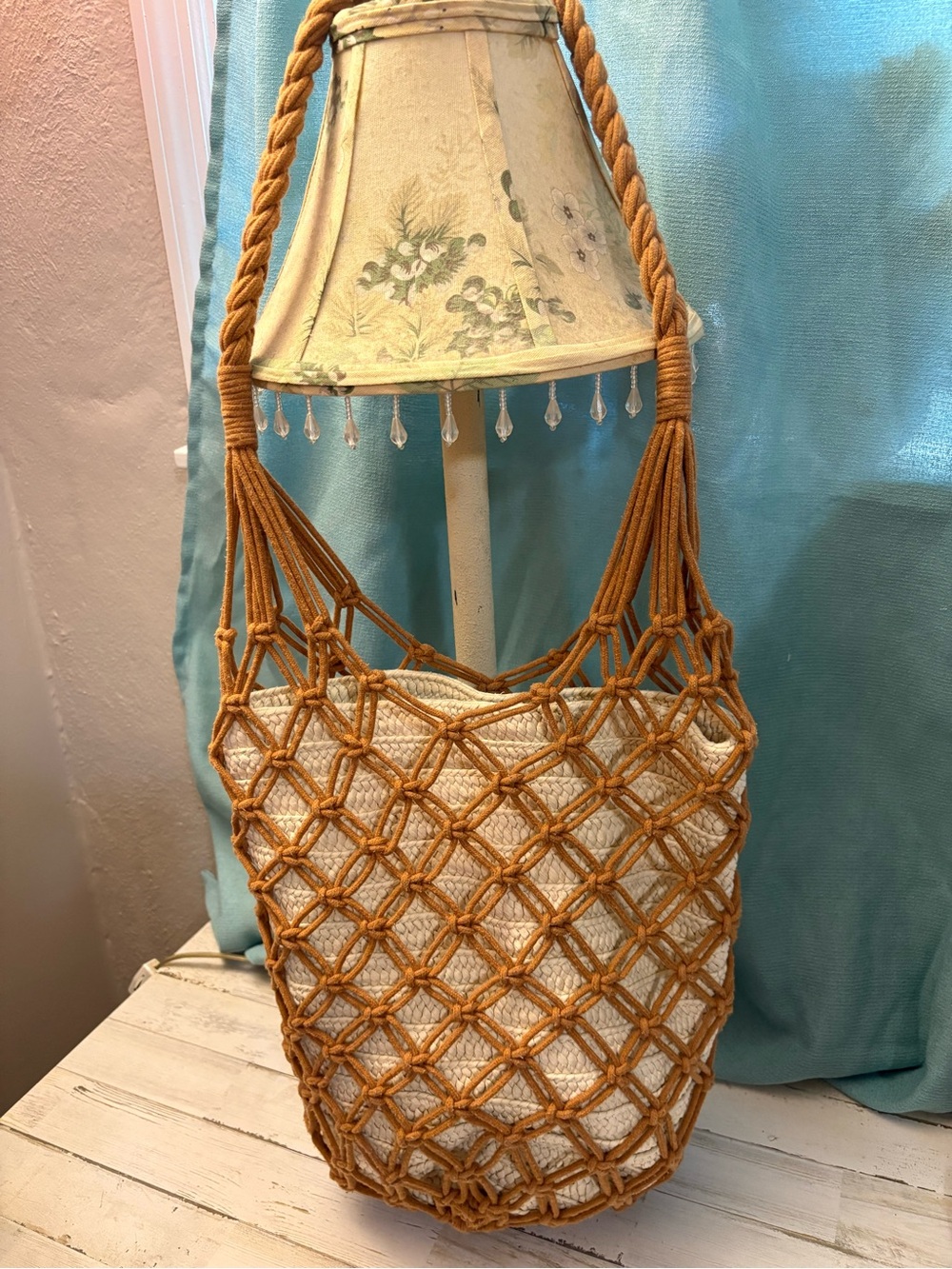 Handwoven Mustard Macramé Tote with Removable Cream Insert